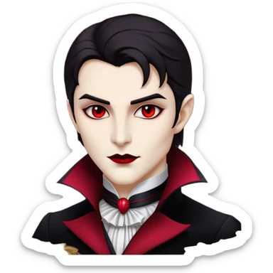 Cinematic Noble Vampire Portrait Emoji, Elegant and commanding, with a refined, pale visage framed by dark, velvet accents and a hint of crimson, exuding timeless seduction and dangerous allure, simplified yet exquisitely detailed, glowing with a soft nocturnal radiance and a subtle, mysterious outline that captures the regal spirit of an immortal lord of the night! sticker