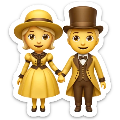two 3d yellow emoji characters in victorian outfits leaning toward each other mischievously, playful smirk expressions, glossy retro 3d style, white background sticker