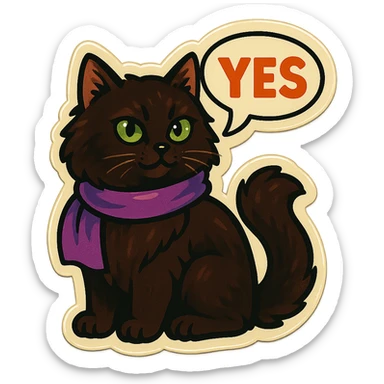 Fluffy dark-brown cat with green eyes and a purple scarf saying ‘YES’ (with a speech bubble) sticker