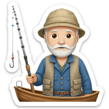 an old white haired, bearded man in fisherman attire, stood in a boat at sea, holding a fishing rod and catching fish with it. sticker