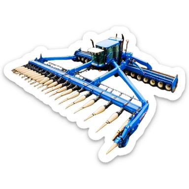 Bourgault 3420 Paralink Hoe Drill (2022) – Cinematic-realistic Bourgault 3420 Paralink Hoe Drill, its massive blue frame stretching across the vast fields. The powerful machine plants seeds with pinpoint accuracy as the sun rises over the horizon, golden dust swirling in the crisp morning air. sticker