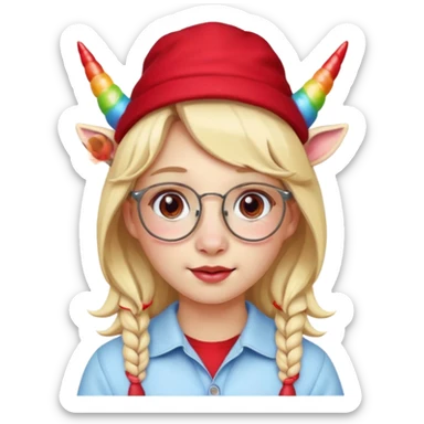 unicorn face cute wearing cute red hat, horn piercing through the hat looking in the camera, blond hair and spectacled. with big horn sticker