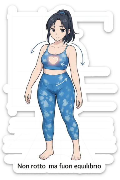 stile manga a woman stands in a relaxed pose, with a gentle, confident expression. Her body is shown with subtle, curved lines or arrows indicating areas of imbalance (such as a slight tilt in the shoulders or hips), but no signs of injury or damage. A soft glow or heart symbol at her core emphasizes resilience and the message “Non rotto, ma fuori equilibrio” The background is clean and clinical, with light blue tones. sticker