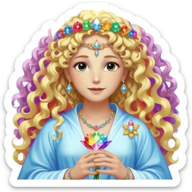 a being made of light pleidian nordic long faces and curly blond hair but beautiful features of light wearing jewels and a rainbow halo like a saint arount herwith a robe on made of light and diamonds semi transparent belly dancer and who is lanky holding a bouquet of crystal flowers on rainbow fire sticker