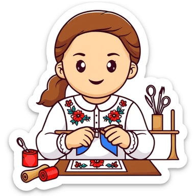 Ukrainian young girl wearing a white traditional embroidered shirt (vyshyvanka) smiling and holding sewing tools sticker