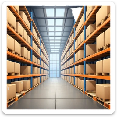 Modern warehouse interior 🏭 ultra-realistic 4K 📸 industrial shelves 📦 pallets stacked neatly 🏗️ soft lighting 💡 realistic shadows 🌑 sharp focus 🔎 cinematic depth 🎬 professional photography ✨ sticker