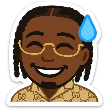 Transform this portrait into a simple and expressive emoji style with a smiling face and a sweat drop (sweat_smile style). The skin tone should be black. The background should be transparent. sticker