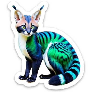 Colorful dark tropical cobalt-blue, black, white fur, with green eyes, iridescent glorious divine exotic cute cool beautiful shiny beautiful fantasy-caracal-civet-genet-sergal-vernid-Cacomistle-Furret-civet-oncilla-animal-Fakémon-hybrid-fursona with pattern markings (full body) sticker