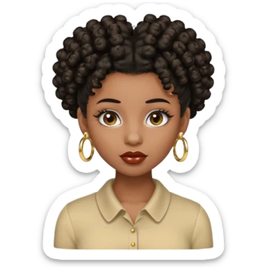 Create a 3D emoji of a teenage girl with deep brown skin, natural curly black hair in a high puff with styled baby hairs, long lashes, glossy lips, and soft glam makeup. Include a gold septum ring, small nose stud, gold earrings, and a beige collared shirt. sticker