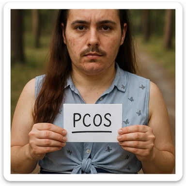 Realistic woman with PCOS inspired by the reference photo, face with acne, facial hair, thinning hair, similar clothing, natural environment, hyperrealistic 4K details. sticker