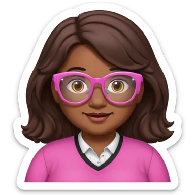 chubby English teacher, happy, wearing pink glasses, wavy long dark brown hair, face only, gamer vibe, classroom background, emoji style, for online classes sticker