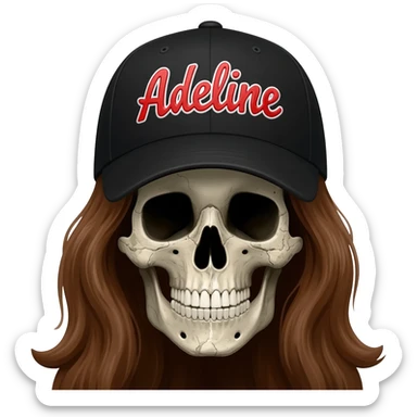 Create a skeleton head wearing a black baseball cap that says " Adeline " in red, and white lettering, with long brown hair sticker