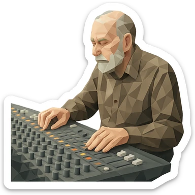 polygonal low-poly style senior Caucasian man working an audio console sticker