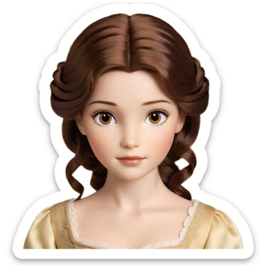 Cinematic Realistic Belle Portrait, depicted with lifelike skin texture, soft natural lighting, and intricately detailed brown hair styled elegantly. Her deep, expressive eyes exude warmth and intelligence, complemented by a serene and graceful expression. She is dressed in her classic attire, with rich fabric textures and delicate folds that catch the light beautifully. The portrait features a soft, enchanting glow with a natural, radiant finish, capturing the essence of timeless beauty in a realistic and painterly style, evoking a sense of depth and authenticity. sticker