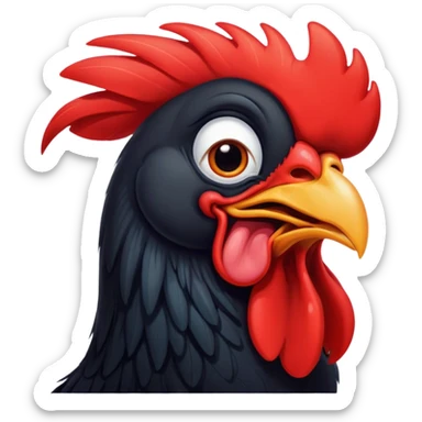 Cinematic Cute Yawning Black Rooster Portrait Emoji, Head tilted slightly with a dramatic, wide-open yawn, showcasing a soft, downy black plumage with a crisp red comb and drooping wings, round eyes barely open in drowsy contentment, Simplified yet irresistibly adorable features, highly detailed, glowing with a soft, cozy glow, high shine, relaxed yet expressive, stylized with a touch of whimsy, bright and endearing, soft glowing outline, capturing the essence of a sleepy yet affectionate rooster, so drowsy it feels like it could stretch out of the screen and curl up for a nap! sticker