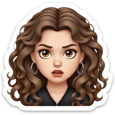 cute girl with not volominous VERY LONG curly/wavy brunette hair with balayage, brown eyes, full lips, cute makeup and hoop earrings white girl: ANGRY FACE sticker