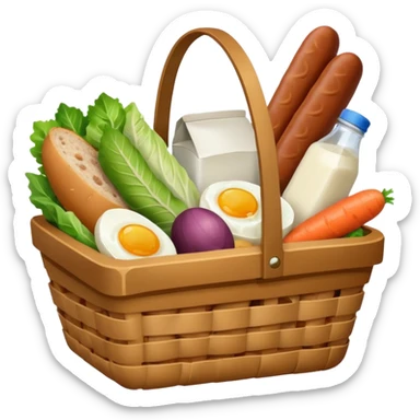 basket with groceries: milk, bread, sausage, eggs, potatoes, carrots, onions, cabbage sticker