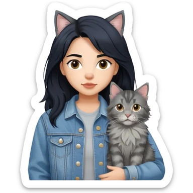 girl with black hair wearing denim jacket with gray maine coon cat sticker