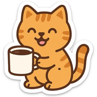flat toon style ginger cat with a mug of coffee, cheerful sticker