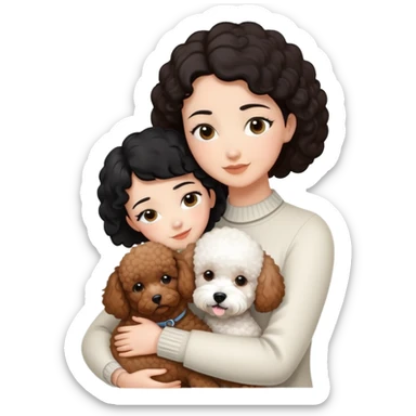 woman with short black hair hugging a brown poodle and a white bichon frise sticker