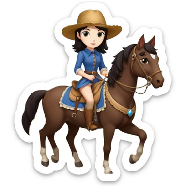  Rustic wood detailed 1854 driving and pretty dark-haired Catgirl riding a horse drawn huge Caravan alone together on a romantic trail in the woods  sticker