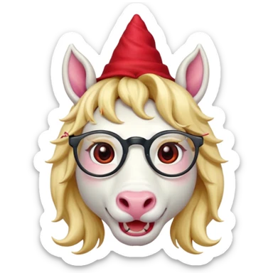 unicorn face cute wearing cute red hat, horn piercing through the hat looking in the camera, blond hair and spectacled. with big horn sticker