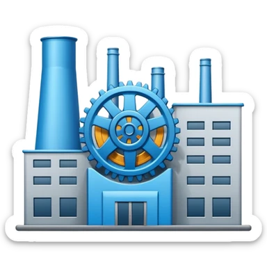 "A minimalist vector icon of a modern manufacturing factory building with a gear symbol above it. Blue and grey color scheme, flat design, white background, simple thick lines, professional business logo style." sticker
