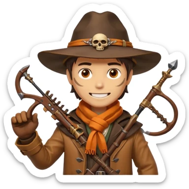 male human monster hunter emoji, wearing brown leather coat and wide hat, holding crossbow or rifle, with amulet shaped like skull, Halloween fantasy theme, confident smile, orange scarf, Apple emoji style, clean white background, square image sticker