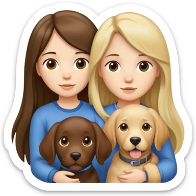 A long-haired girl and a medium-length-haired girl holding a Labrador sticker