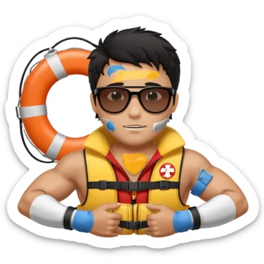 Dark Tan Muscular lifeguard with messy black hair with sunglasses, with life preserver sticker
