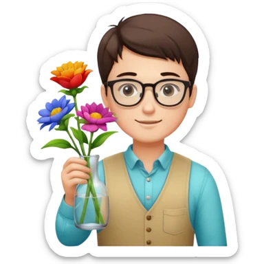 Young male florist – wearing glasses, arranging flowers in a vase. sticker