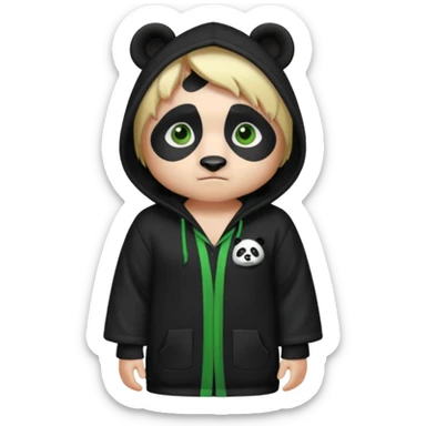 A white man with green eyes, medium-length blond hair, wearing a panda hoodie and black pajama-like robes. sticker