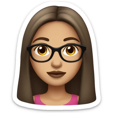 Girl with dark brown straight long hair,light skin brown eyes long lashes , glasses and big lips sticker