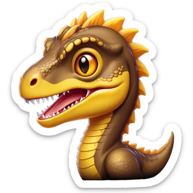 Cinematic Cute Velociraptor Portrait Emoji, Head tilted playfully with a mischievous grin, featuring a compact, agile form with bright, sparkling eyes and a slightly curved snout full of playful charm, Simplified yet irresistibly adorable features, highly detailed, glowing with a warm, inviting prehistoric glow, high shine, affectionate and lively, stylized with a touch of whimsical dinosaur mischief, soft glowing outline, capturing the essence of a mischievous yet endearing Velociraptor that seems as if it could dart out of the screen into your arms! sticker