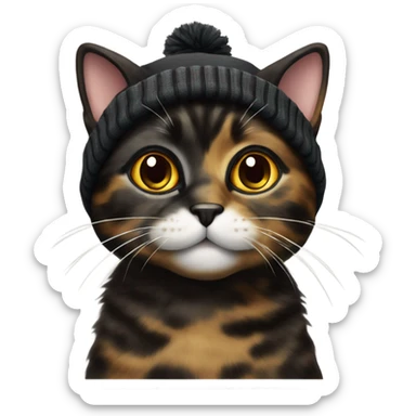 Mainly black tortie cat wearing a beanie sticker