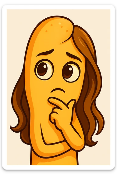 Create a cartoon style emoji in the shape of a breadstick with a thoughtful expression inspired by the person in the reference photo: large eyes, reflective gaze, closed mouth, soft features, and long stylized hair flowing down the sides. Use warm colors in a cartoon style. sticker