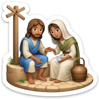 Había un pozo en medio de un camino polvoriento. Un día caluroso, Jesús de Nazaret se sentó junto al pozo para descansar. Una mujer samaritana se acercó al pozo con su cántaro. Jesús, con su voz amable, le dijo: "¿Me das un poco de agua para beber?" La mujer, se quedo extrañada sticker