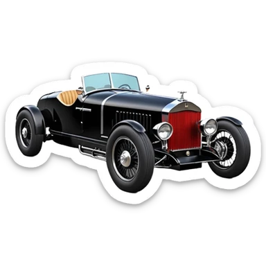Blood stained Satanic Darth Vader black Bare bones (channeled cowl) drag racing and speed record modified (fenders removed) chopped streamlined sporty roadster that is a (stripped down) hot street rodded engine sports car 1932 Rolls Royce Woody futuristic  wide racing wheels sticker