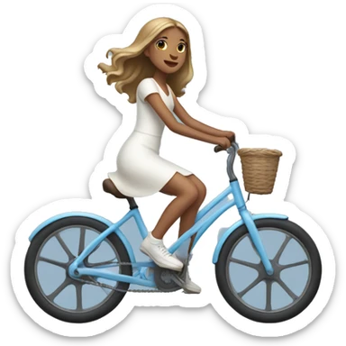 Girl riding very light blue bike, she is wearing white dress, she has long light brown hair and light skin sticker