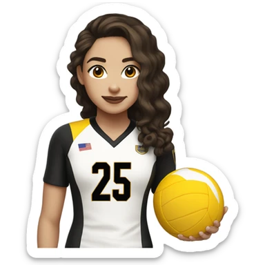 Brunette hair girl with white skin a black and gold volleyball jersey with the number 25 sticker