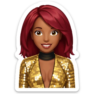 Kelly Rowland from Destiny's Child with dark red hair, gold sequin outfit sticker