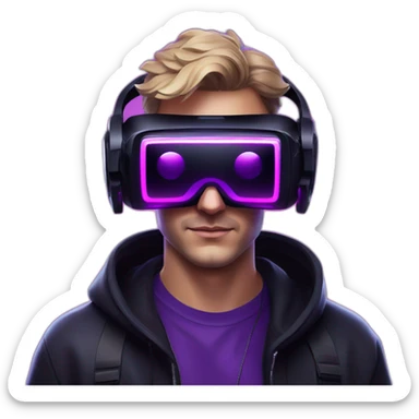 Russian man in the black hoody with violet OMG VR logo on it wearing vr headset oculus quest 2. Cyberpunk style. Violet neon. sticker