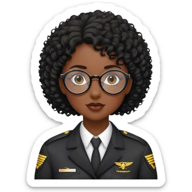 femme pilote d'avion en uniforme noir aux cheveux bouclés noir et petites lunettes arrondis  sticker