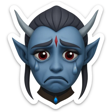 Make the sad face emoji styled as a dark elf (Dunmer) from Elder Scrolls look even sadder, with a more pronounced frown, teary eyes, and a more downcast expression. Keep the grayish-blue skin, red eyes, and pointed ears. Remove the background. The style should reflect a dark elf fantasy character with somber and emotional features. sticker