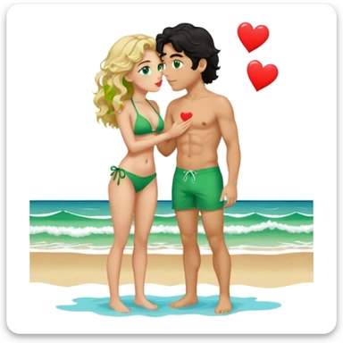 Blonde girl Green eyes wavy hair Green Bikini whole body Kissing man black Hair blue eyes Hearts in Body Background beach sticker