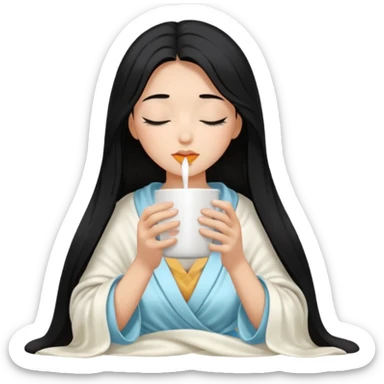 black hair girl long hair inside a white milky satin blanket sipping coffee in white mug eyes closed without coffee in mouth  sticker