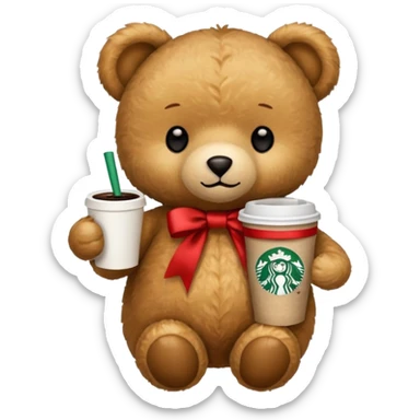 smooth texture teddy bear with red ribbon and starbucks coffee sticker