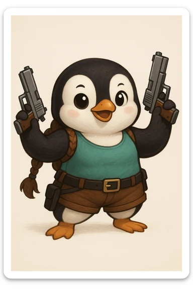 a penguin cosplaying as Lara Croft, with a teal tank top, brown shorts, and toy pistols sticker
