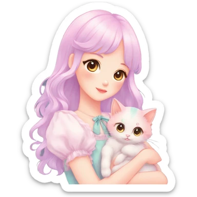 Gorgeous pastel anime style lady with blushing face and holding a kitten cottagecore fairycore pastelcore colorful pearly romantic simplistic aesthetic trending style sticker