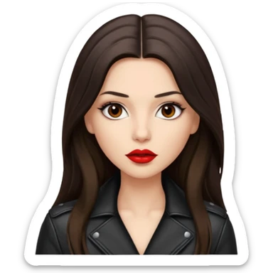 brunette with very long hair in black cuir jacket with red lips and very dark brown eyes sticker